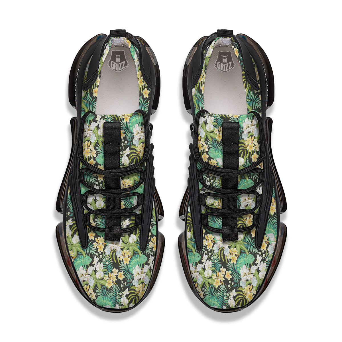 Green Chameleon And Flowers Plumeria Orchid Print Pattern Black Gym Shoes-grizzshop