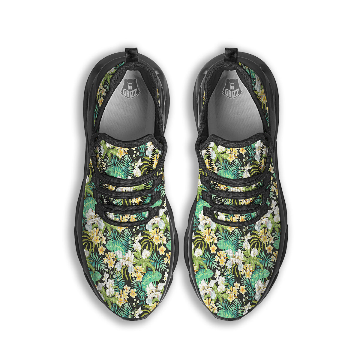 Green Chameleon And Flowers Plumeria Orchid Print Pattern Black Running Shoes-grizzshop