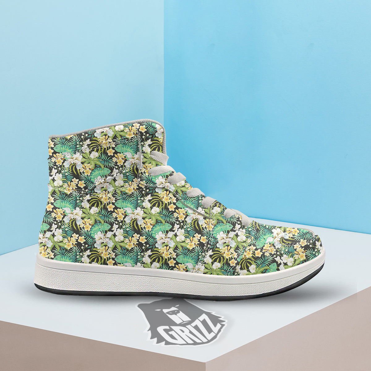Green Chameleon And Flowers Plumeria Orchid Print Pattern High Top Sneakers-grizzshop