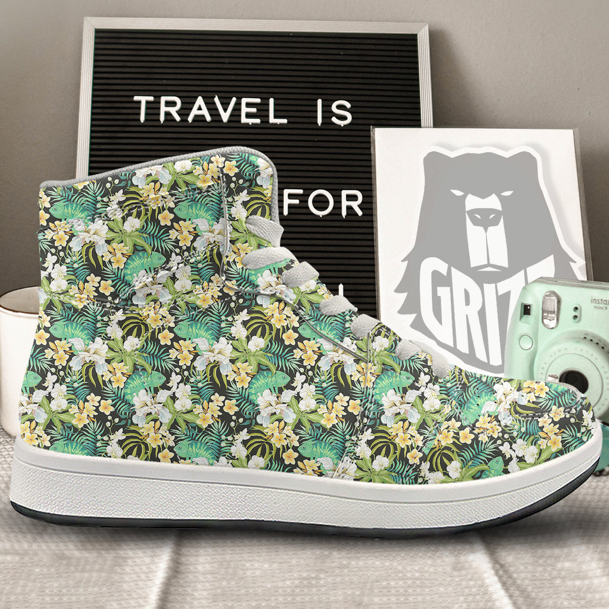 Green Chameleon And Flowers Plumeria Orchid Print Pattern High Top Sneakers-grizzshop