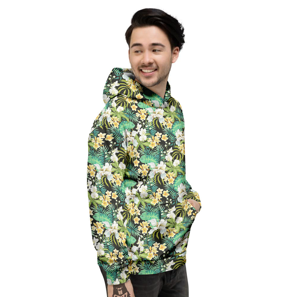 Green Chameleon And Flowers Plumeria Orchid Print Pattern Men's Hoodie-grizzshop