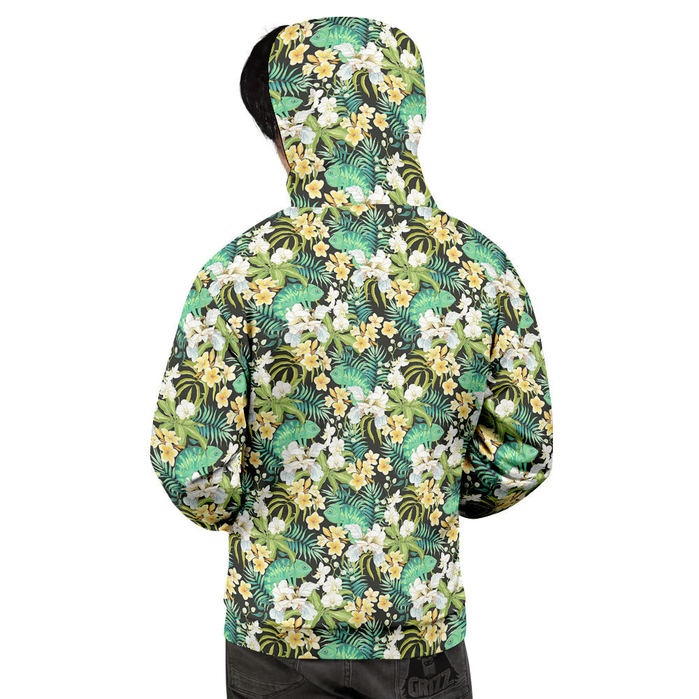 Green Chameleon And Flowers Plumeria Orchid Print Pattern Men's Hoodie-grizzshop