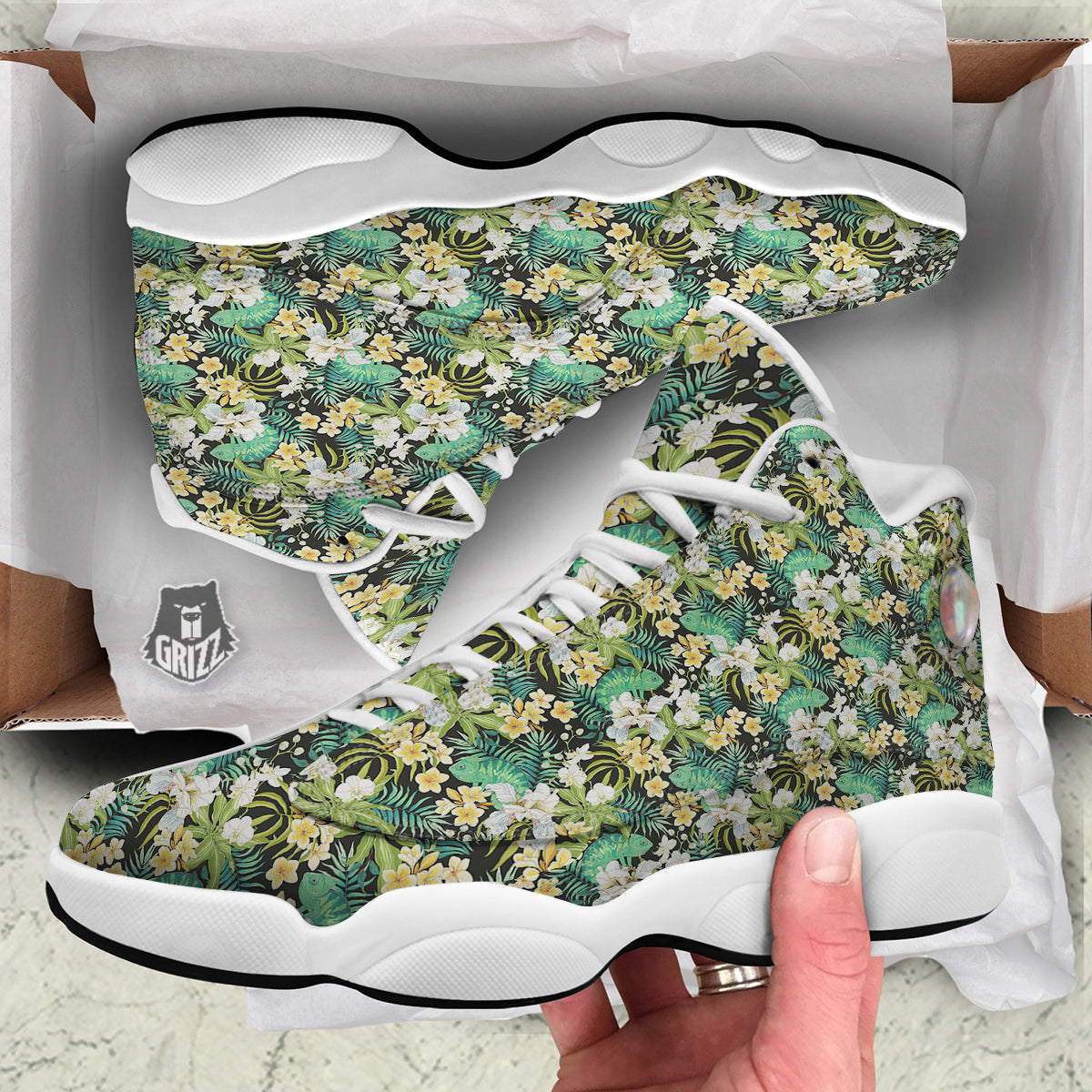 Green Chameleon And Flowers Plumeria Orchid Print Pattern White Basketball Shoes-grizzshop