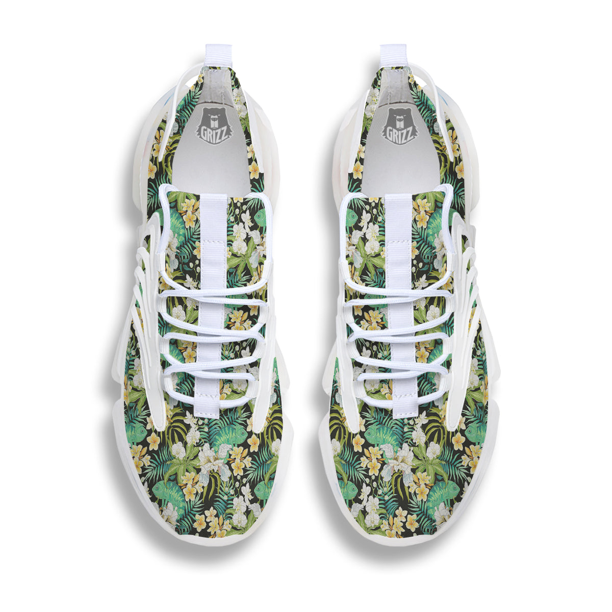 Green Chameleon And Flowers Plumeria Orchid Print Pattern White Gym Shoes-grizzshop