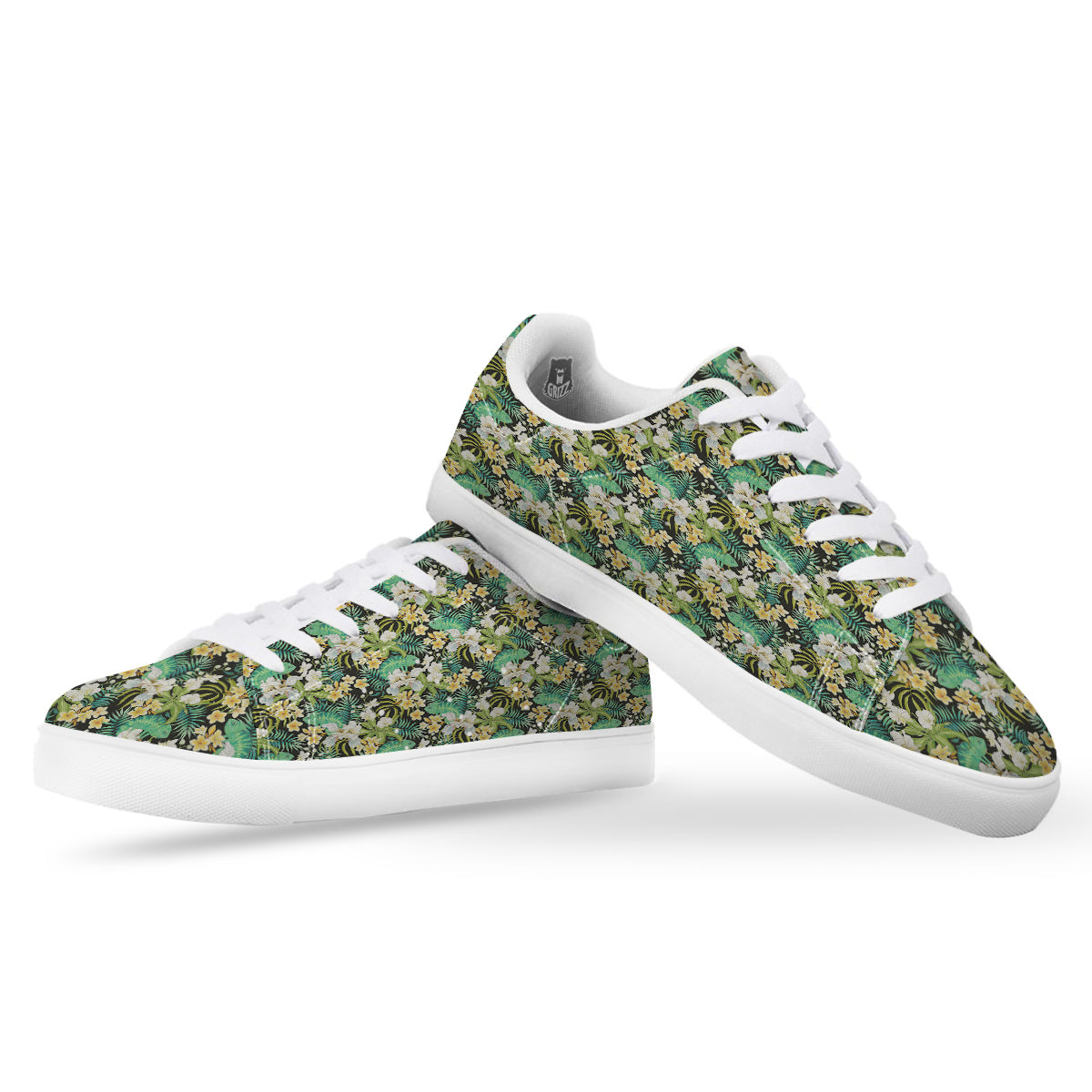 Green Chameleon And Flowers Plumeria Orchid Print Pattern White Low Top Sneakers-grizzshop