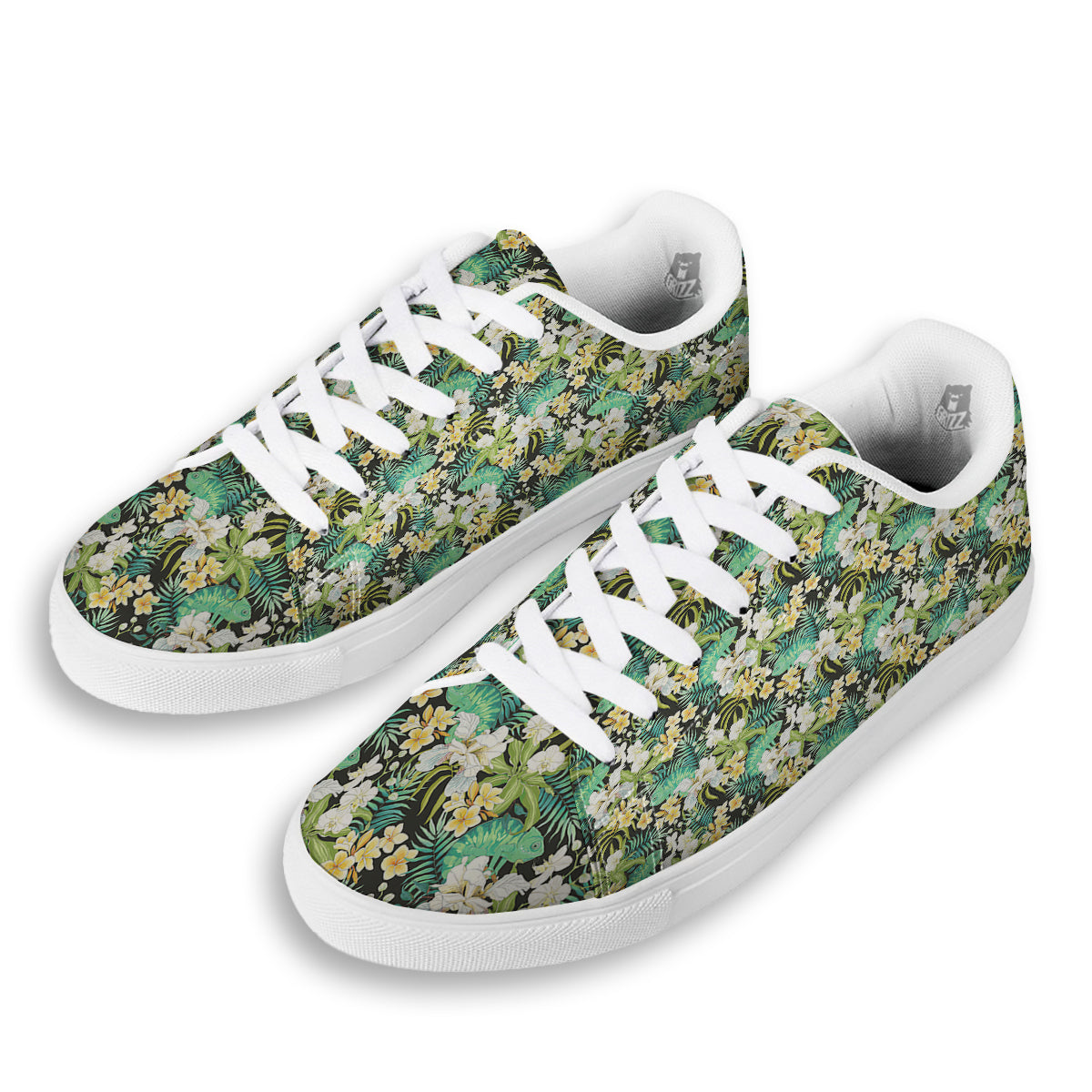 Green Chameleon And Flowers Plumeria Orchid Print Pattern White Low Top Sneakers-grizzshop