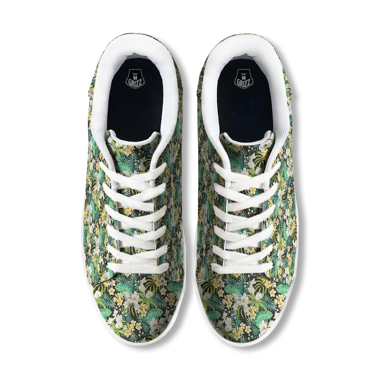 Green Chameleon And Flowers Plumeria Orchid Print Pattern White Low Top Sneakers-grizzshop