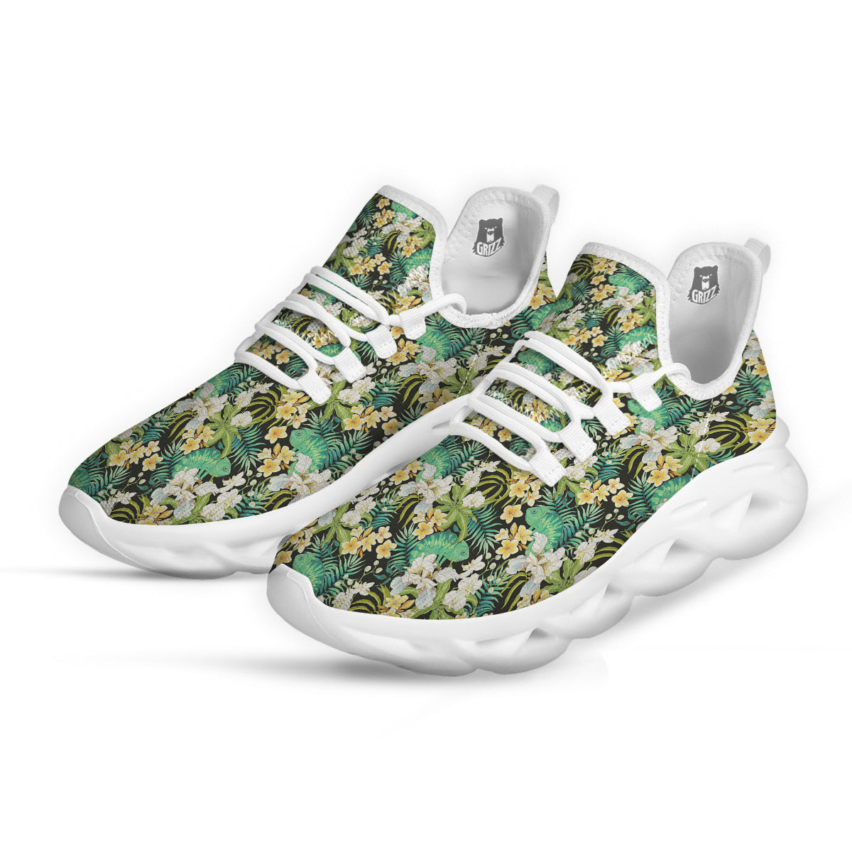 Green Chameleon And Flowers Plumeria Orchid Print Pattern White Running Shoes-grizzshop