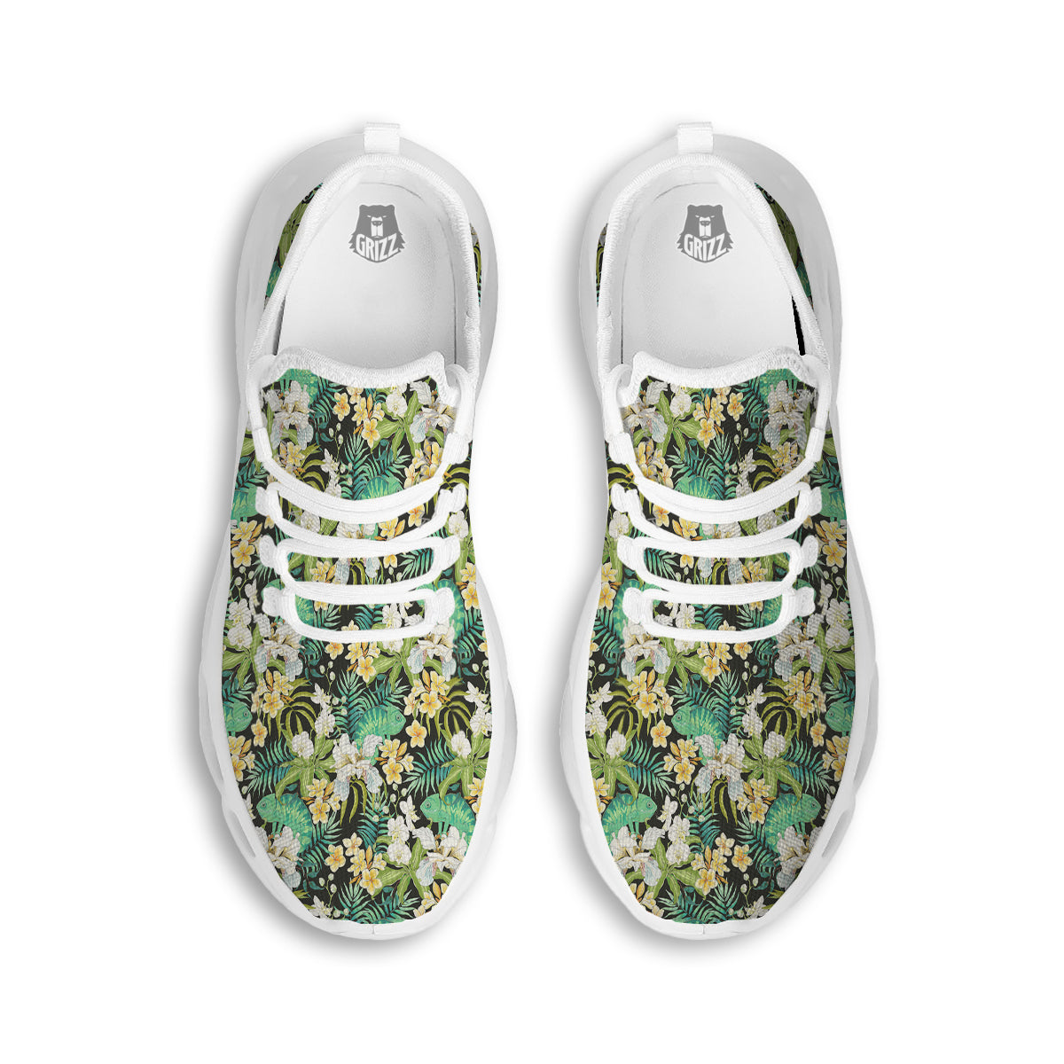 Green Chameleon And Flowers Plumeria Orchid Print Pattern White Running Shoes-grizzshop