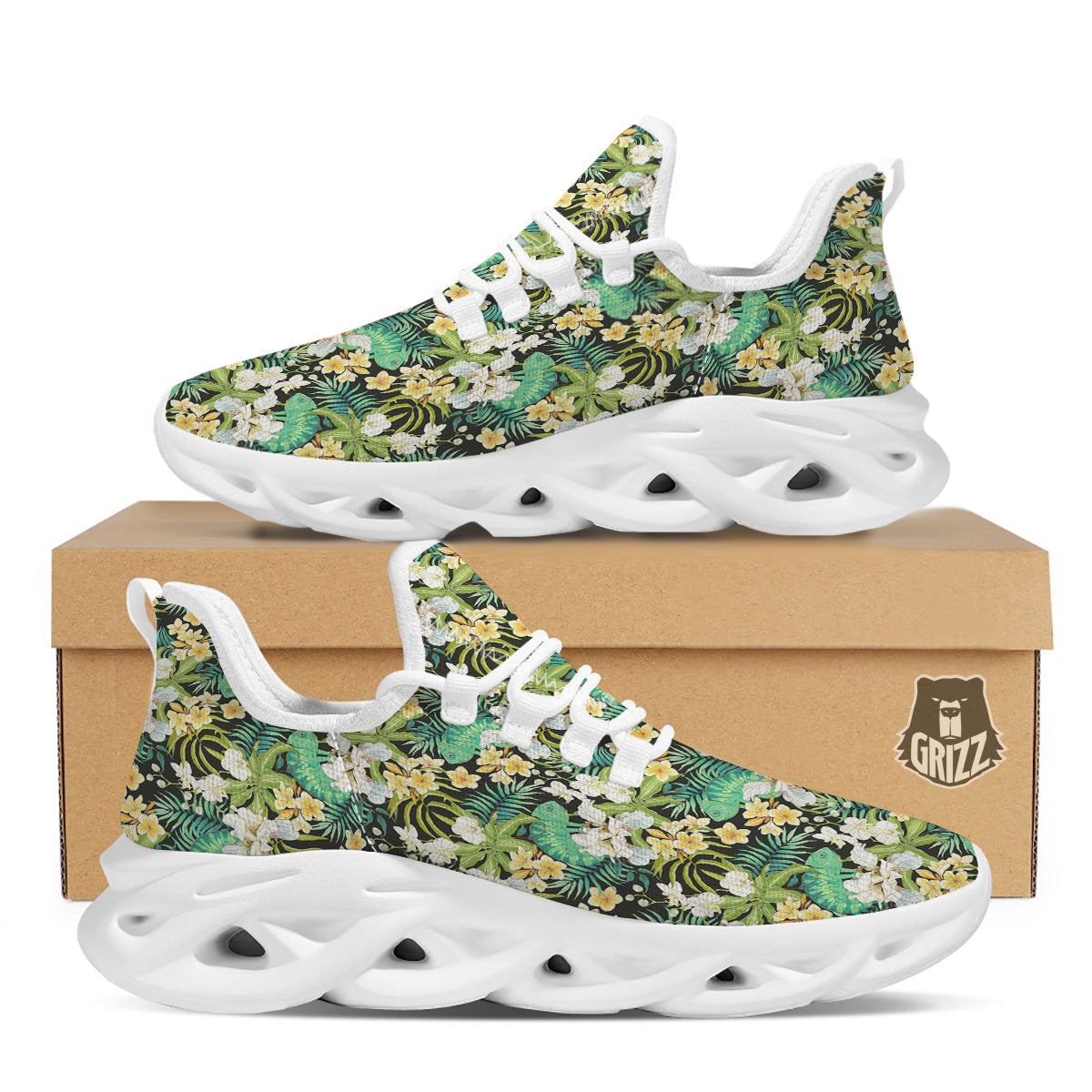 Green Chameleon And Flowers Plumeria Orchid Print Pattern White Running Shoes-grizzshop