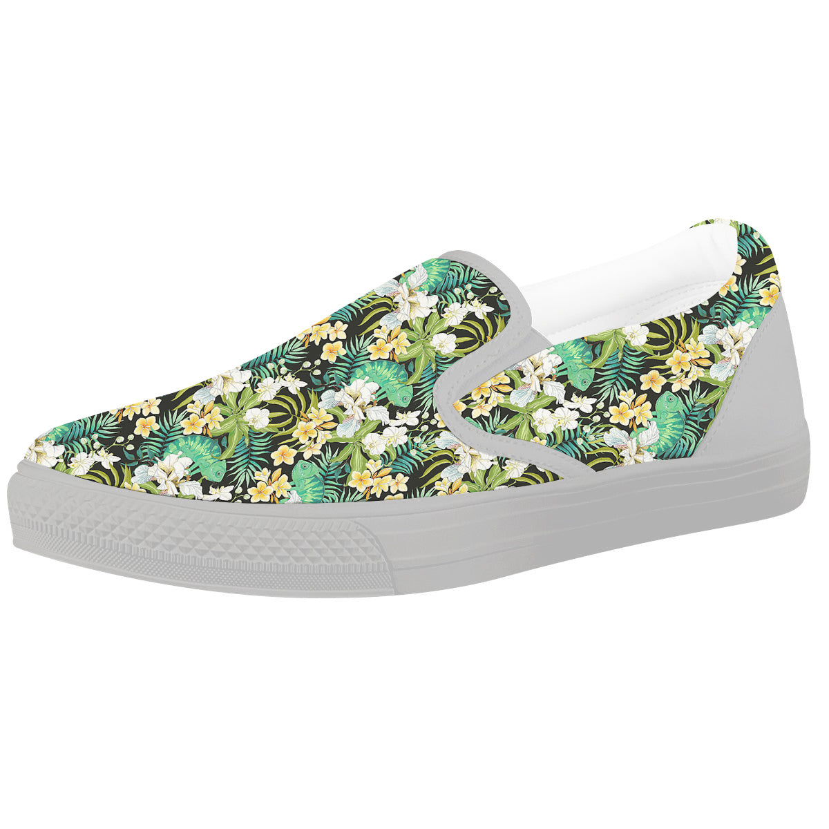 Green Chameleon And Flowers Plumeria Orchid Print Pattern White Slip On Shoes-grizzshop
