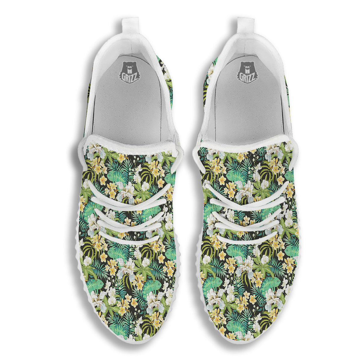Green Chameleon And Flowers Plumeria Orchid Print Pattern White Walking Shoes-grizzshop