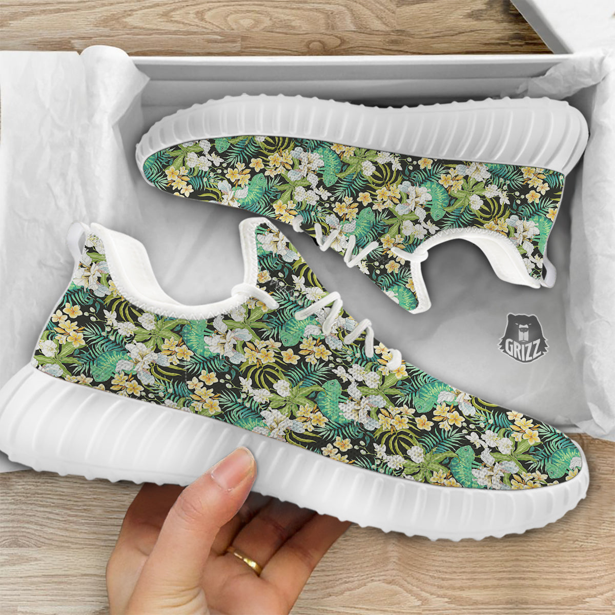 Green Chameleon And Flowers Plumeria Orchid Print Pattern White Walking Shoes-grizzshop