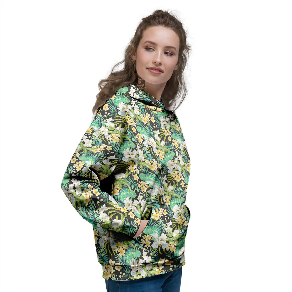 Green Chameleon And Flowers Plumeria Orchid Print Pattern Women's Hoodie-grizzshop