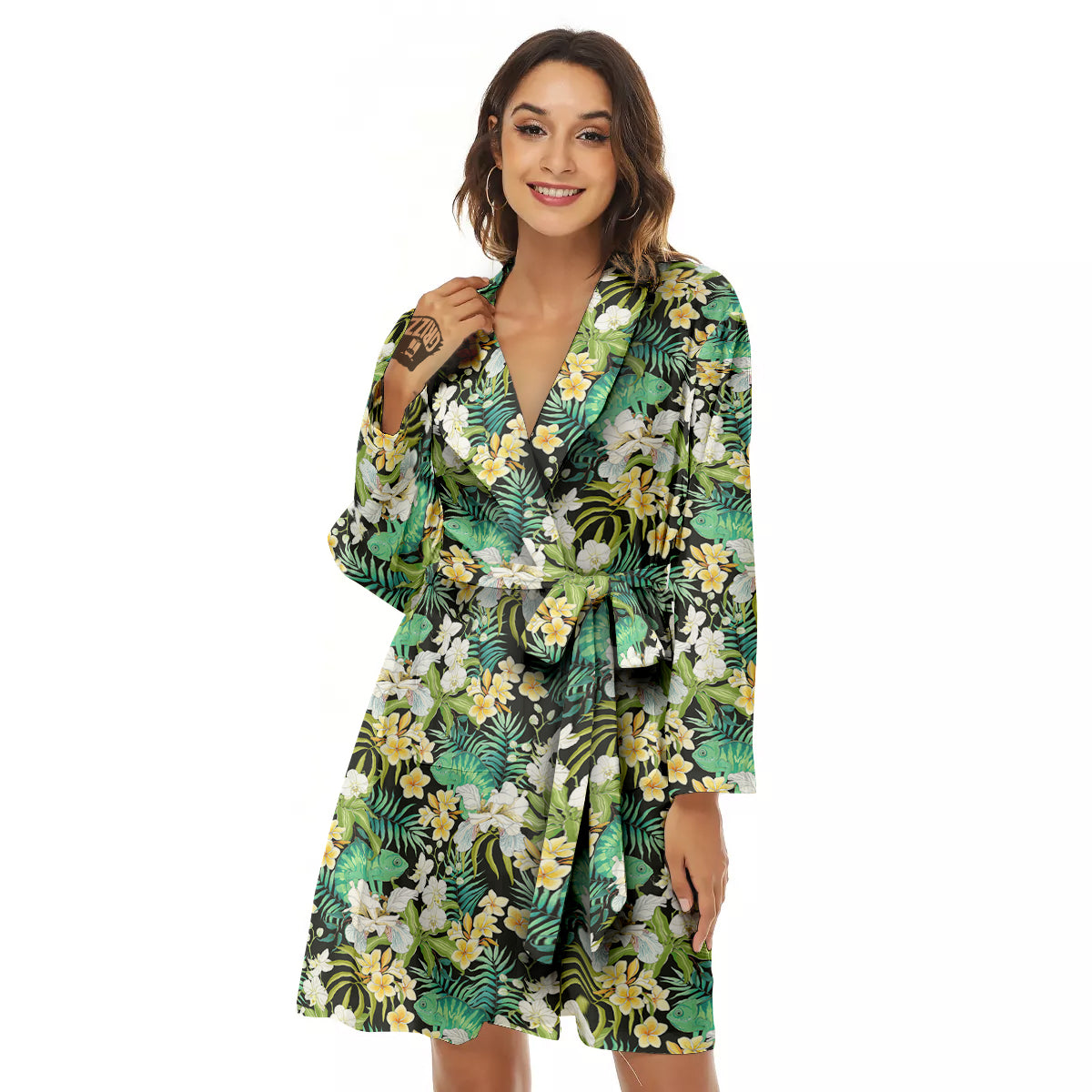 Green Chameleon And Flowers Plumeria Orchid Print Pattern Women's Robe-grizzshop