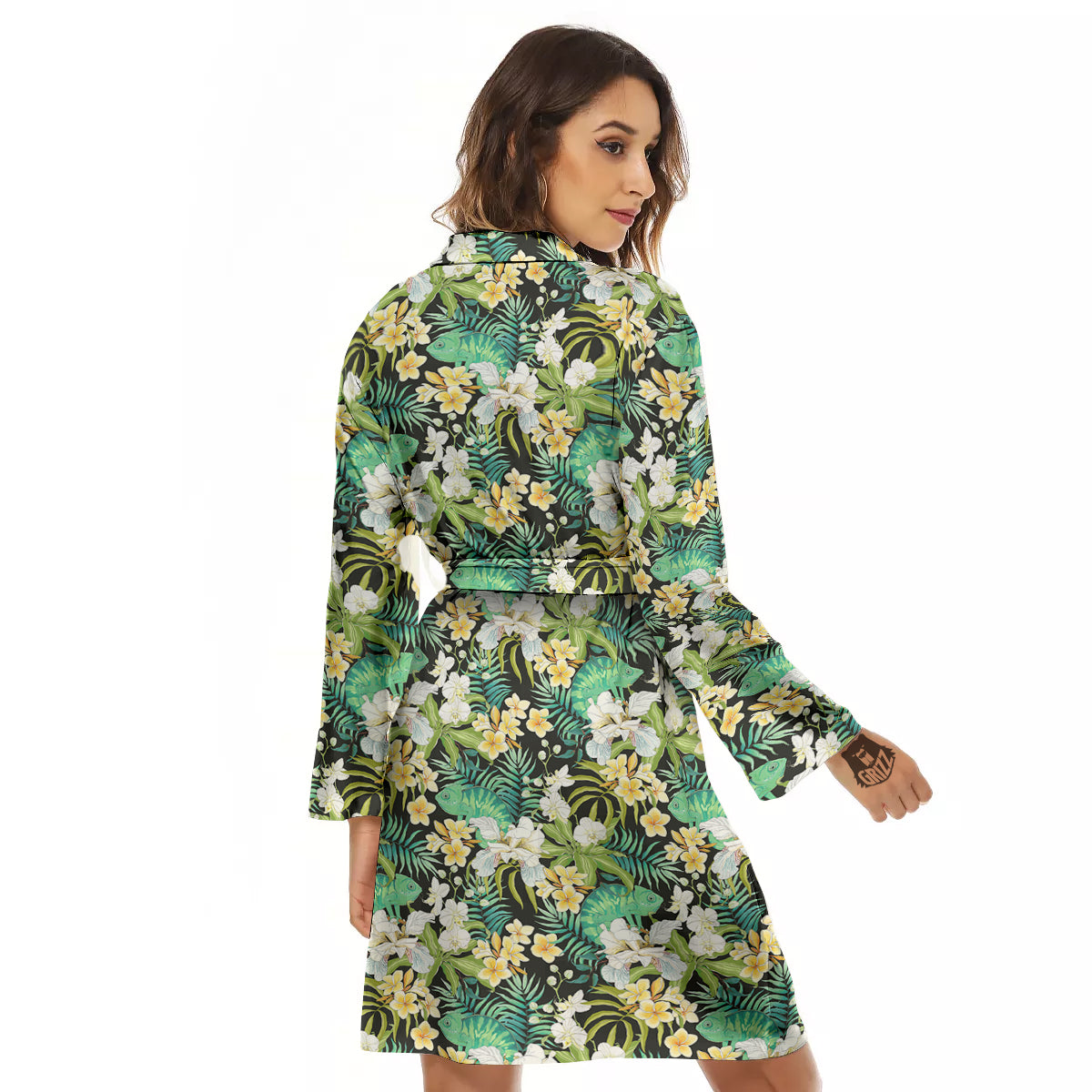 Green Chameleon And Flowers Plumeria Orchid Print Pattern Women's Robe-grizzshop
