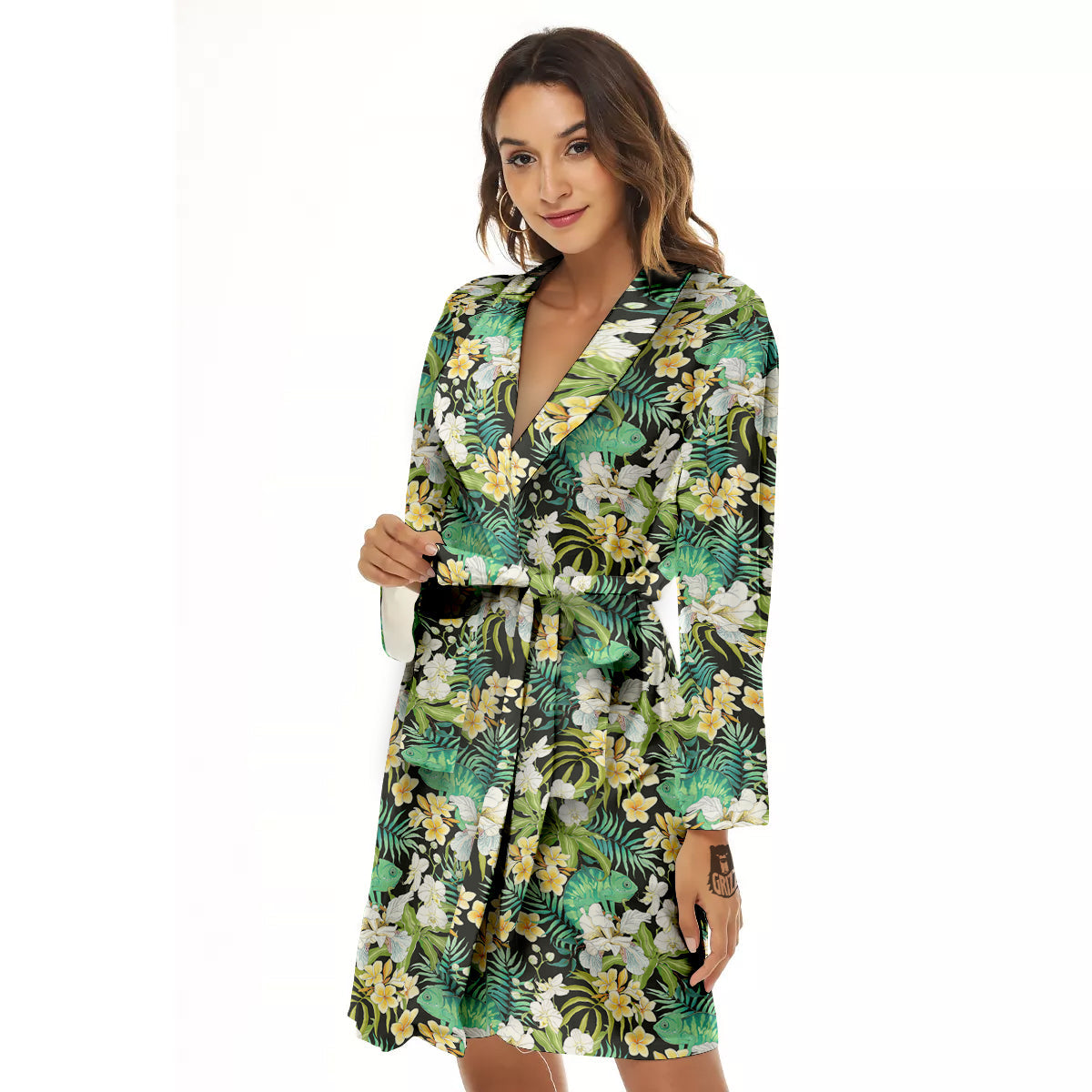 Green Chameleon And Flowers Plumeria Orchid Print Pattern Women's Robe-grizzshop