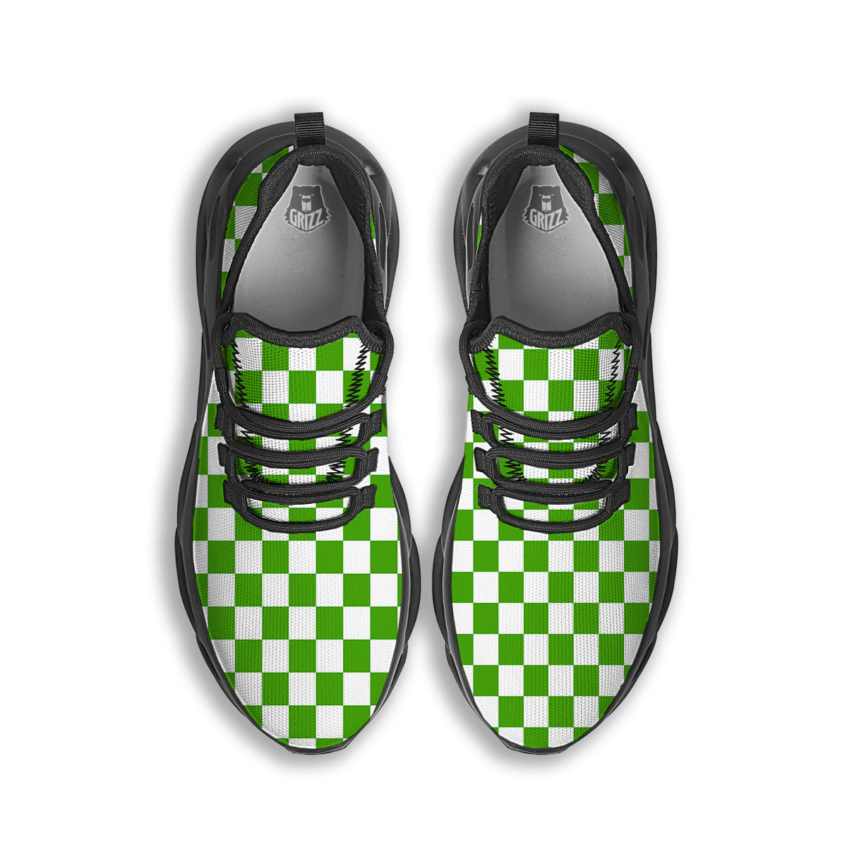 Green Checkered Flag Print Black Running Shoes-grizzshop