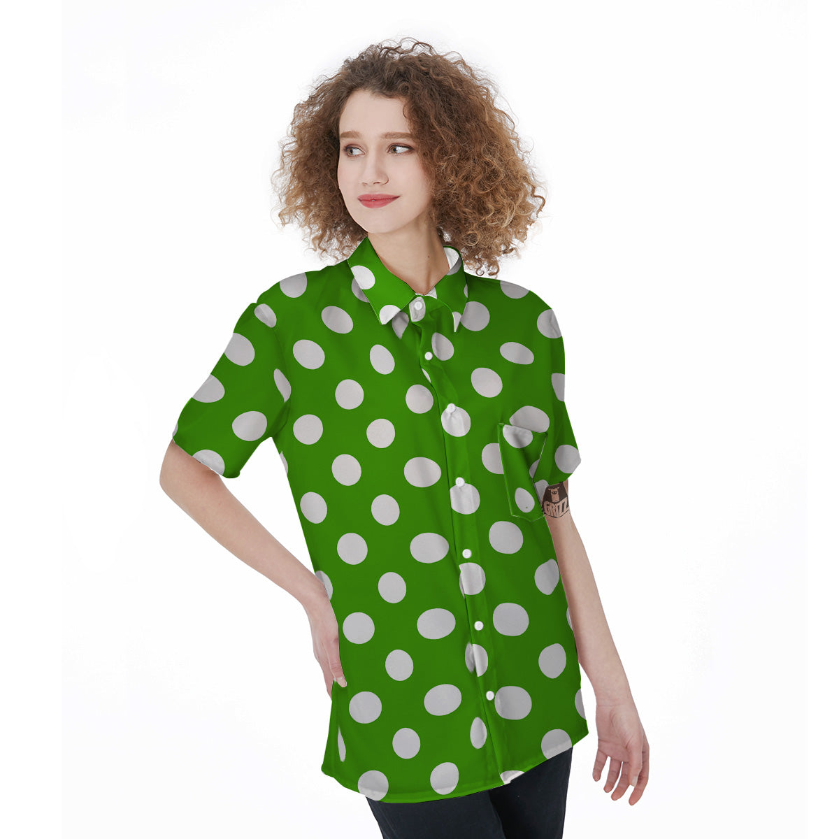 Green Color Polka Dot Print Pattern Women's Short Sleeve Shirts-grizzshop