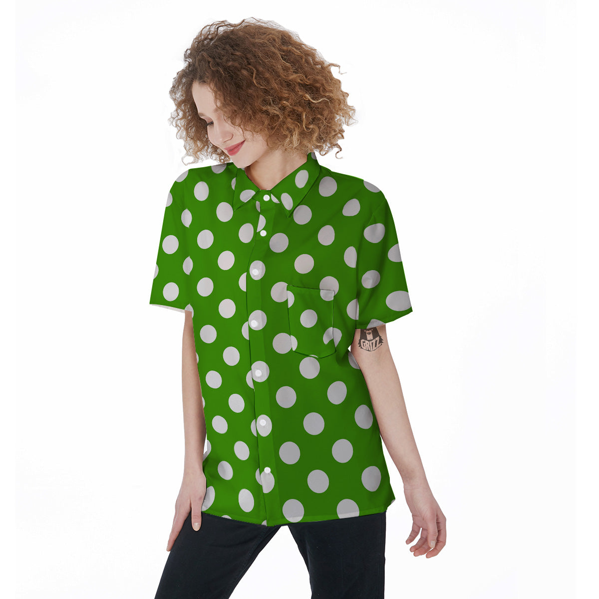 Green Color Polka Dot Print Pattern Women's Short Sleeve Shirts-grizzshop