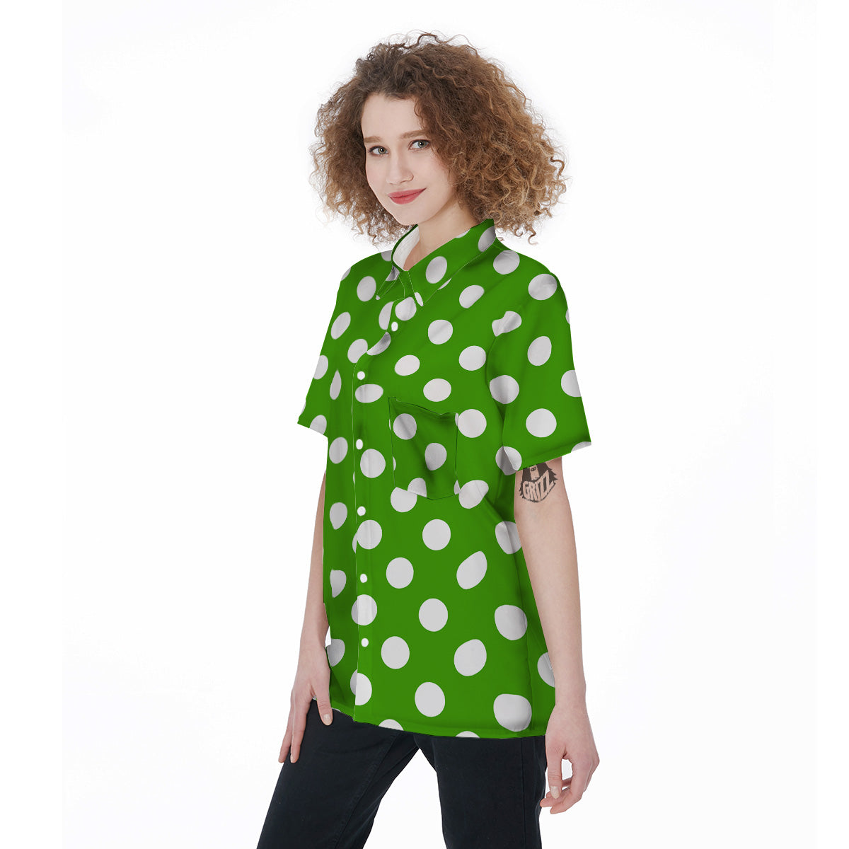 Green Color Polka Dot Print Pattern Women's Short Sleeve Shirts-grizzshop