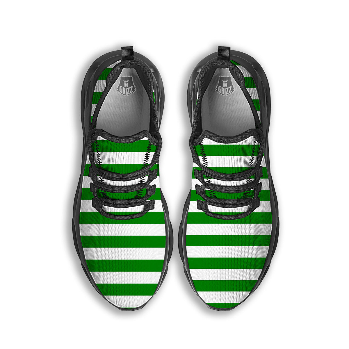 Green Color Striped Print Black Running Shoes-grizzshop