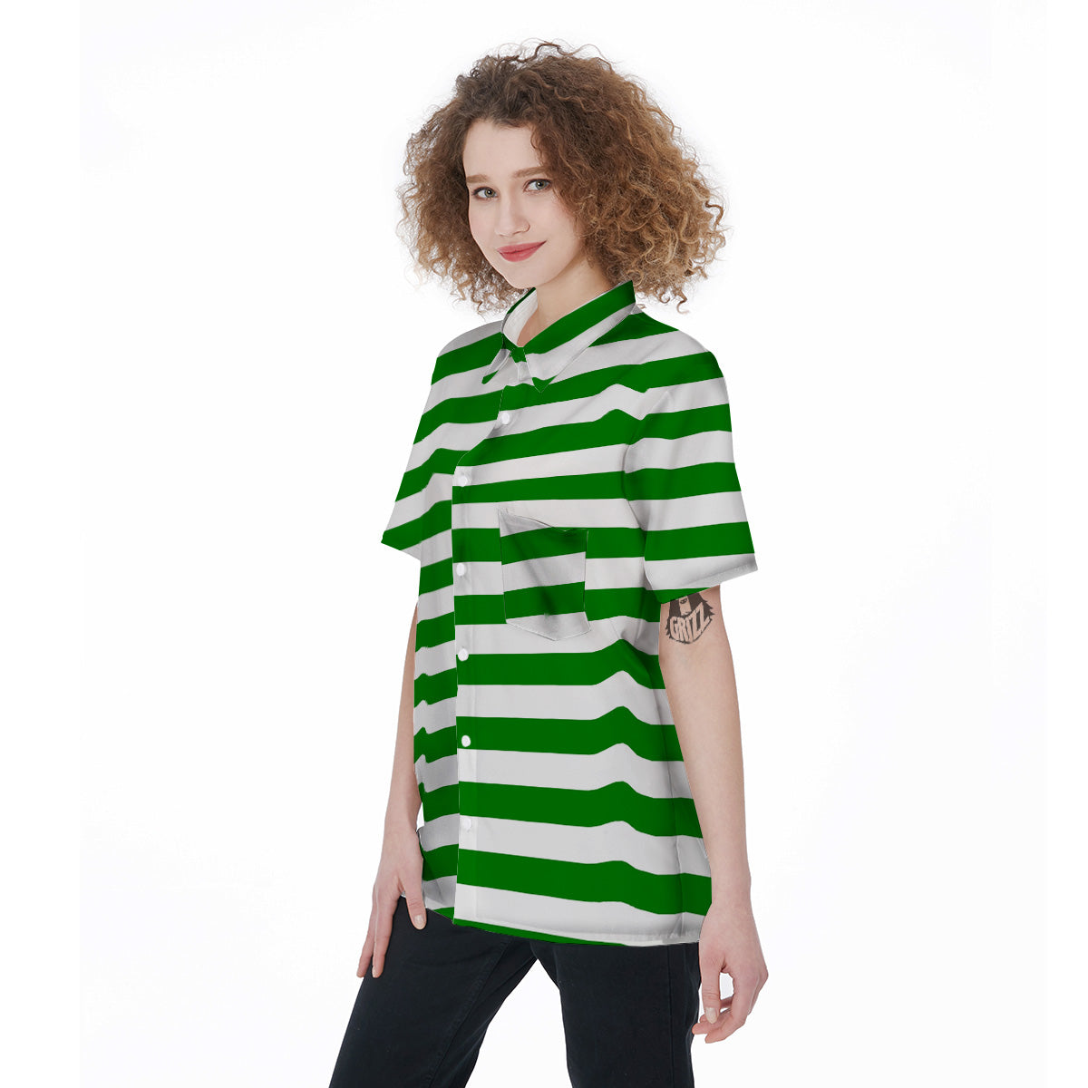 Green Color Striped Print Women's Short Sleeve Shirts-grizzshop
