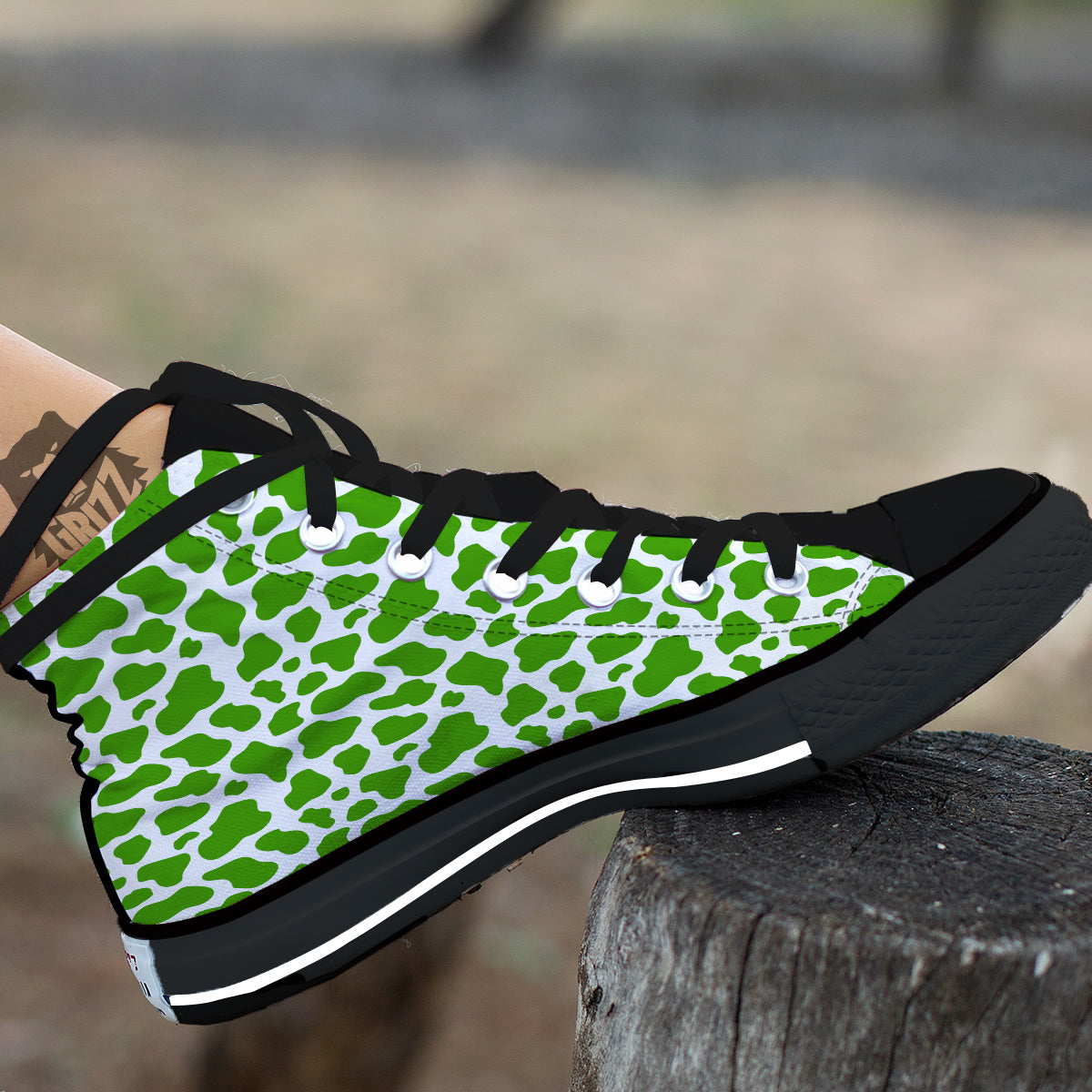 Green Cow Print Pattern Black High Top Shoes-grizzshop