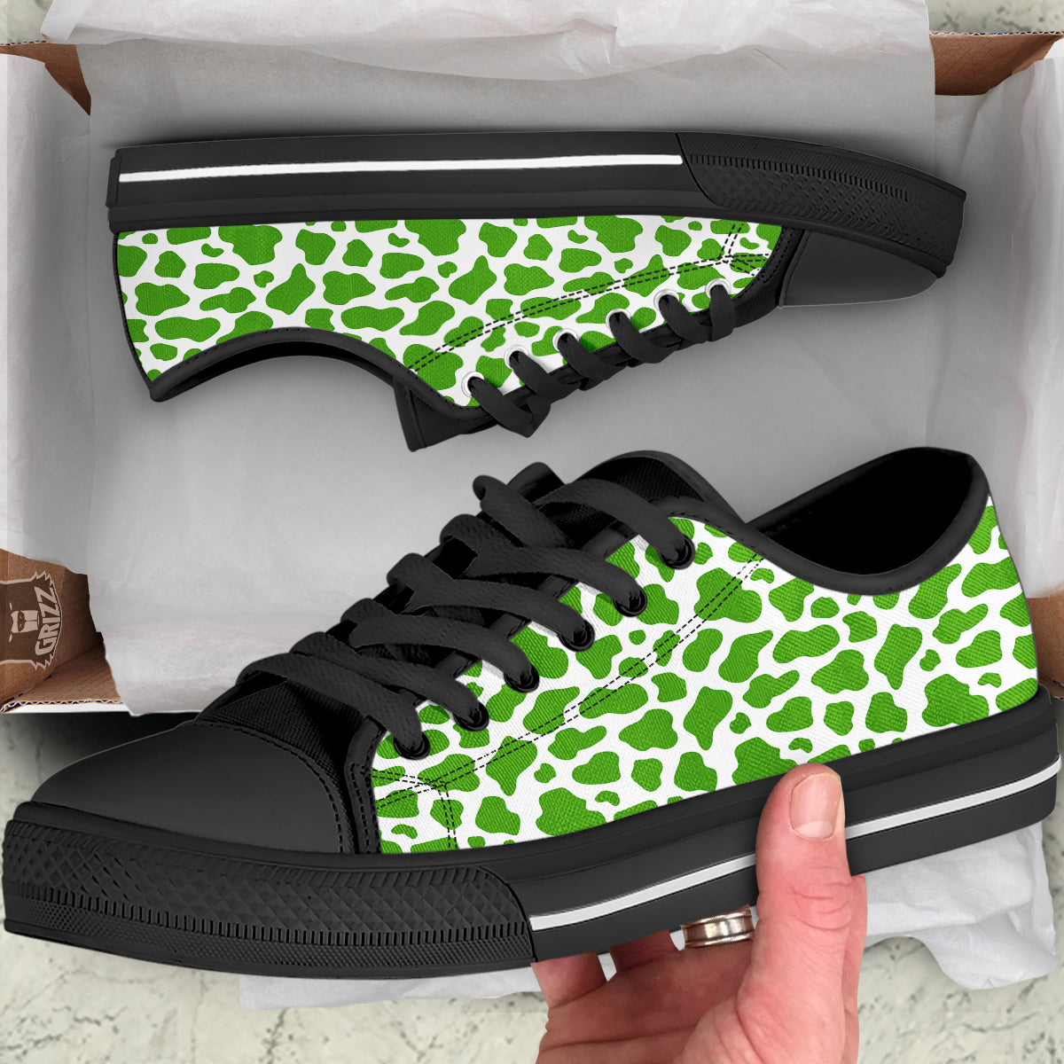 Green Cow Print Pattern Black Low Top Shoes-grizzshop