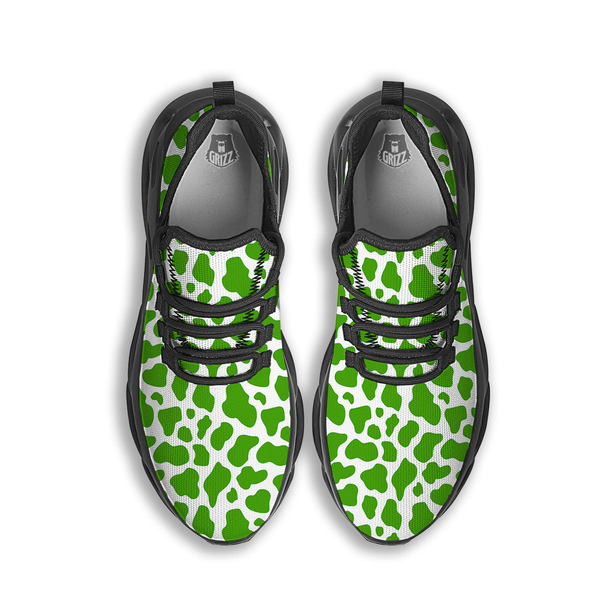 Green Cow Print Pattern Black Running Shoes-grizzshop