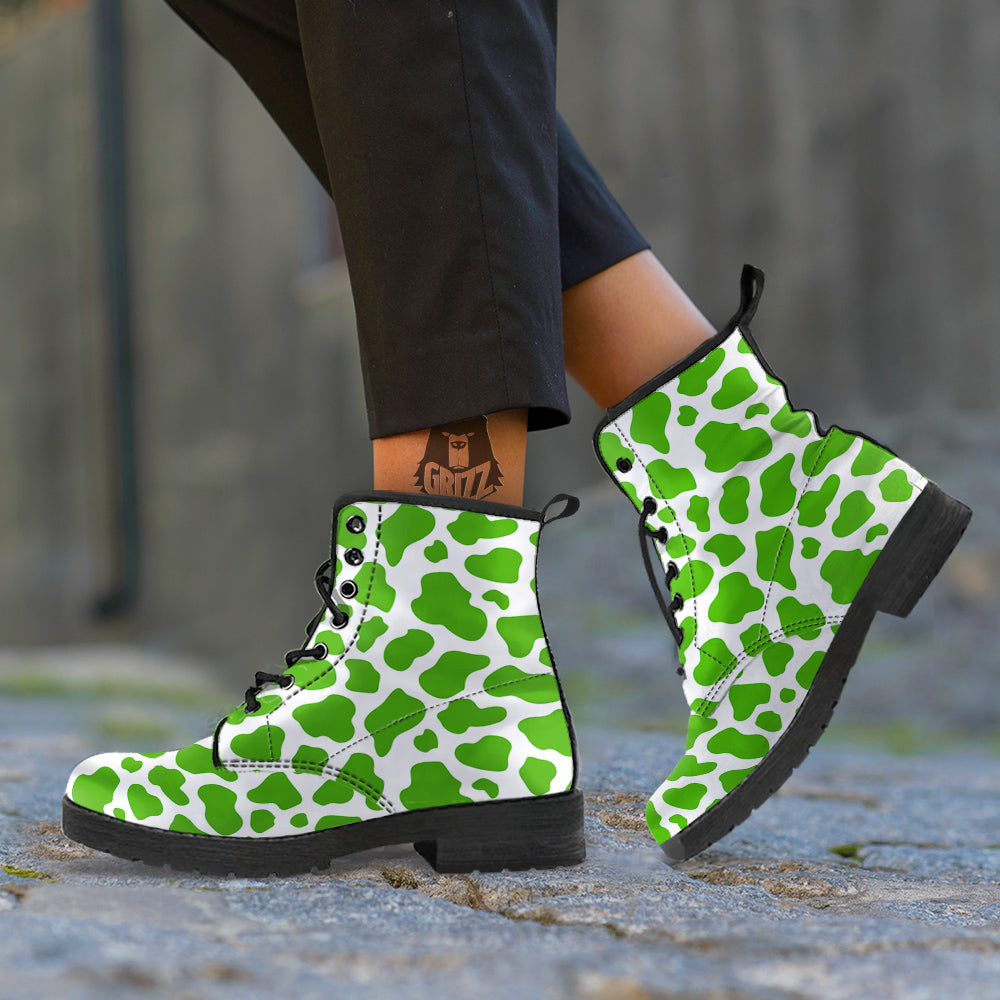 Green Cow Print Pattern Leather Boots-grizzshop