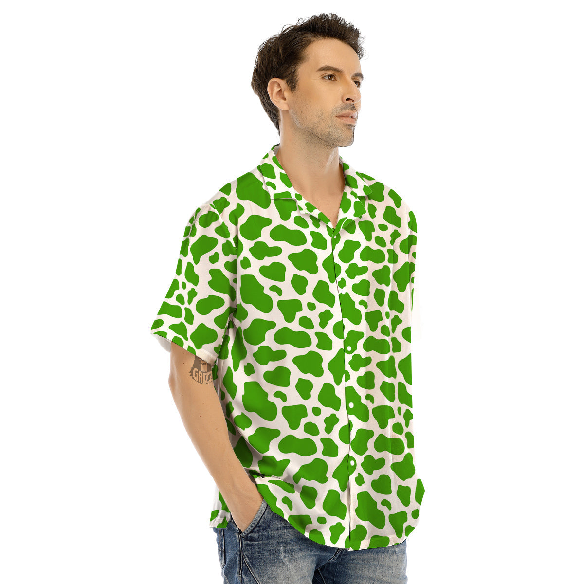 Green Cow Print Pattern Men’s Hawaiian Shirt-grizzshop