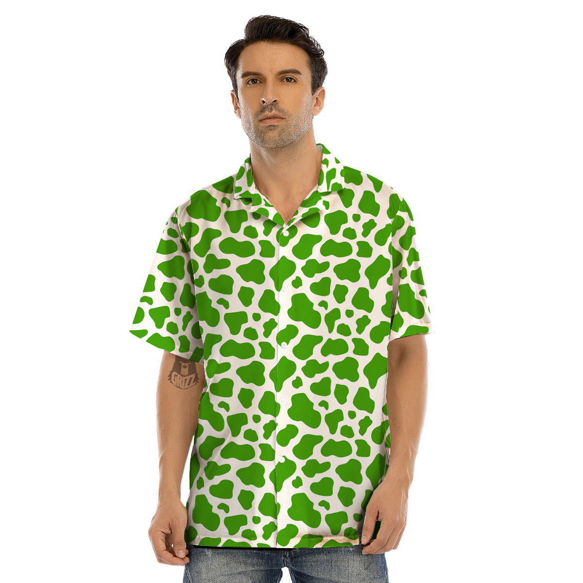 Green Cow Print Pattern Men’s Hawaiian Shirt-grizzshop