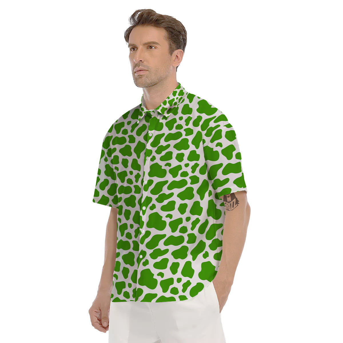 Green Cow Print Pattern Men's Short Sleeve Shirts-grizzshop