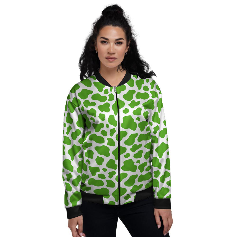 Green Cow Print Pattern Women's Bomber Jacket-grizzshop