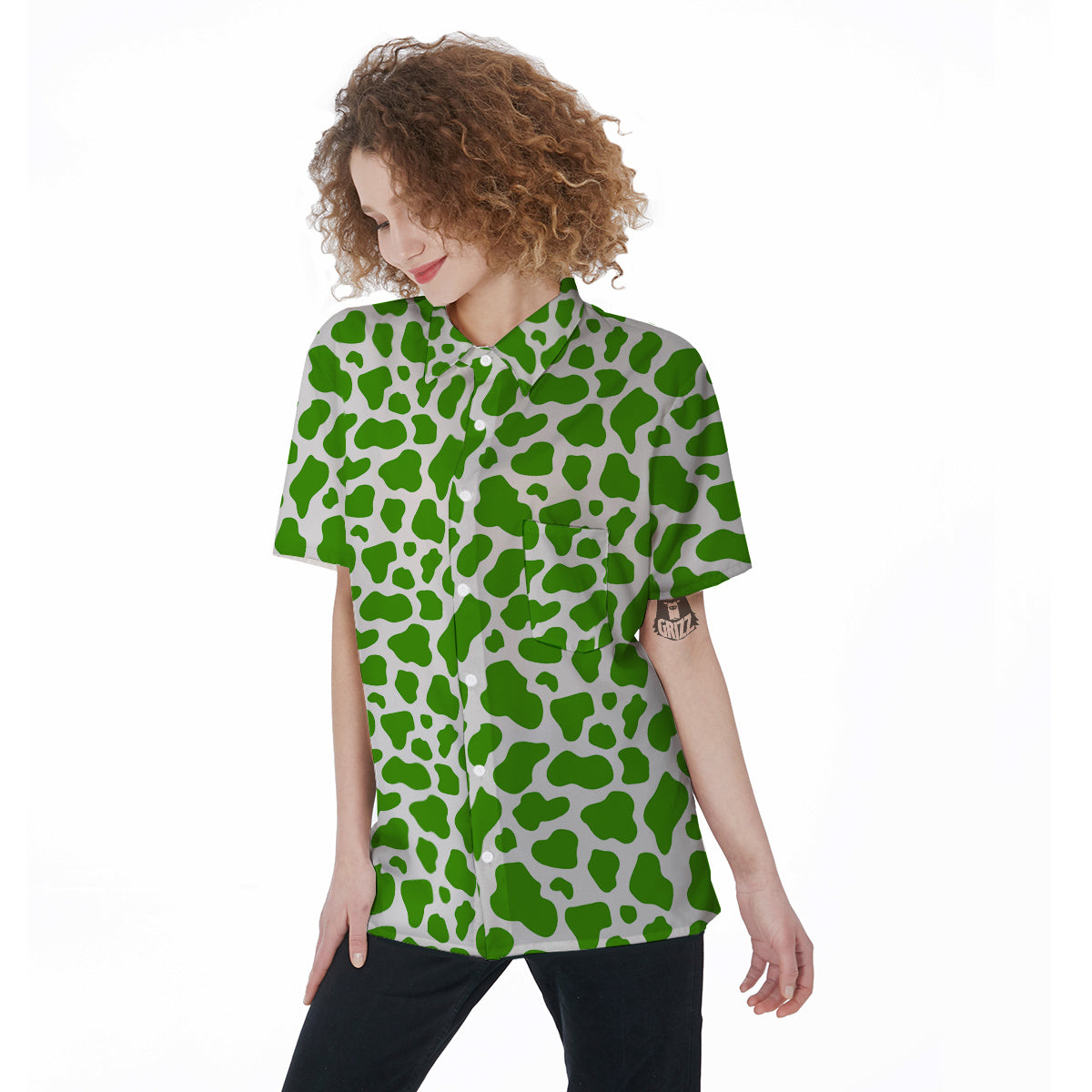 Green Cow Print Pattern Women's Short Sleeve Shirts-grizzshop
