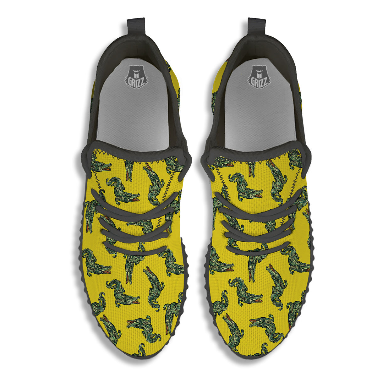 Green Crocodile And Yellow Print Pattern Black Walking Shoes-grizzshop