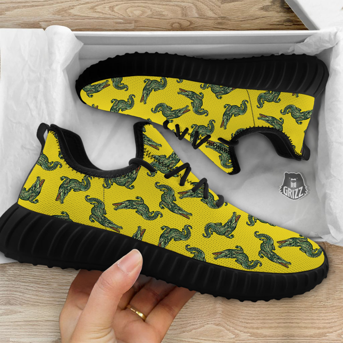 Green Crocodile And Yellow Print Pattern Black Walking Shoes-grizzshop