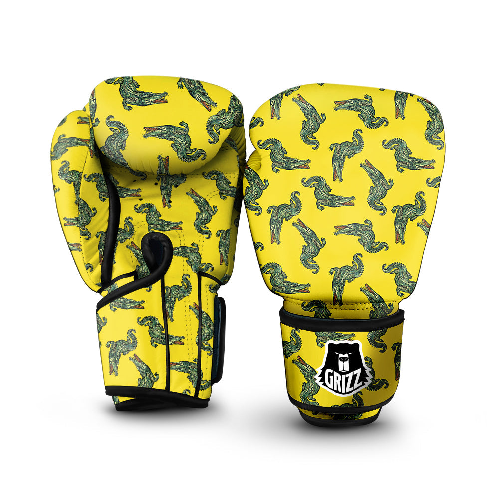 Green Crocodile And Yellow Print Pattern Boxing Gloves-grizzshop