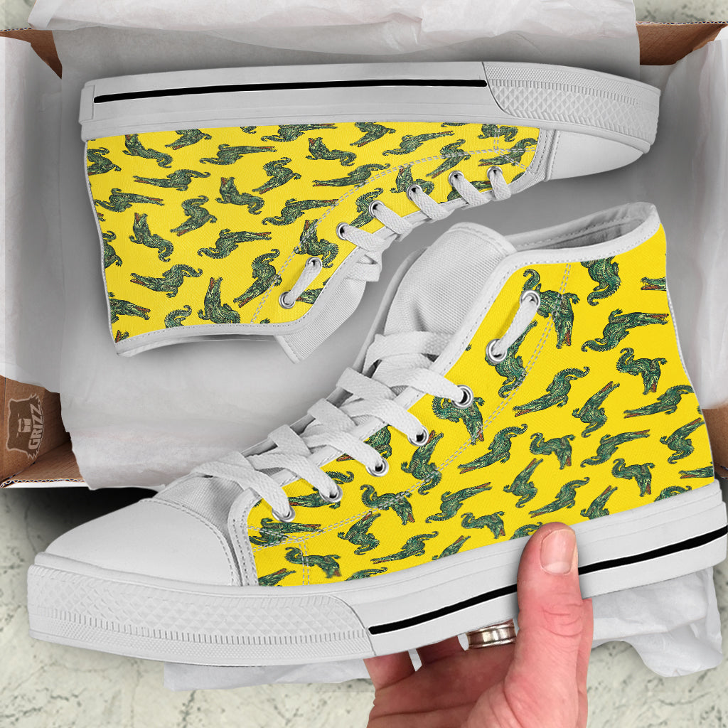 Green Crocodile And Yellow Print Pattern White High Top Shoes-grizzshop