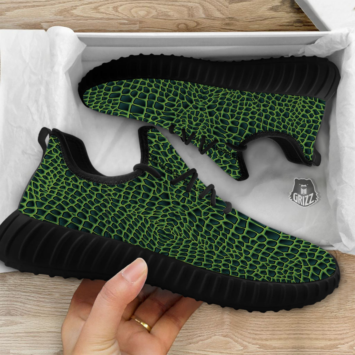 Green Crocodile Leather Skin Print Black Walking Shoes-grizzshop