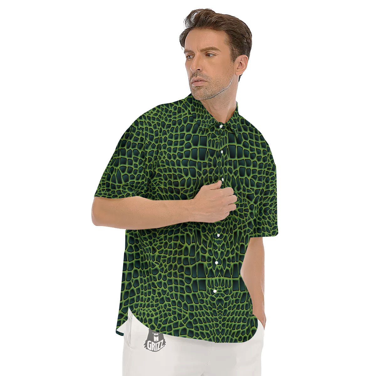 Green Crocodile Leather Skin Print Men's Short Sleeve Shirts-grizzshop