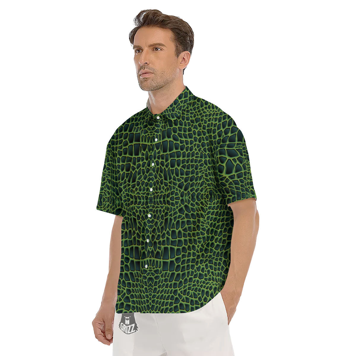 Green Crocodile Leather Skin Print Men's Short Sleeve Shirts-grizzshop