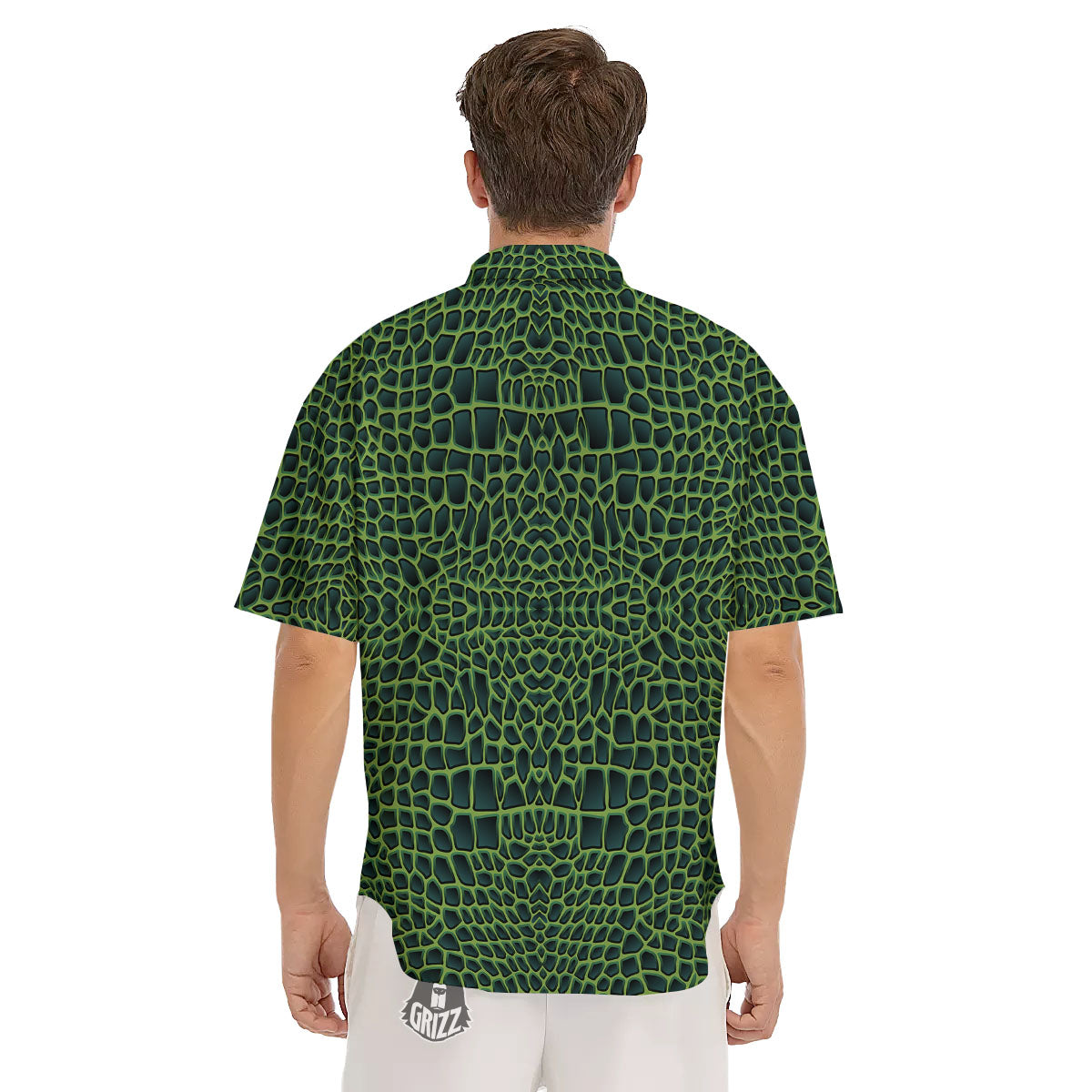 Green Crocodile Leather Skin Print Men's Short Sleeve Shirts-grizzshop