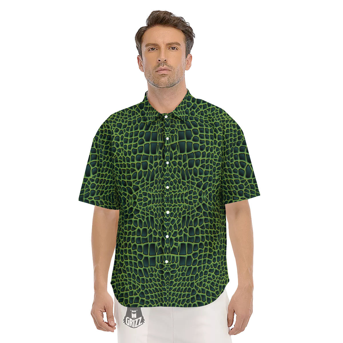 Green Crocodile Leather Skin Print Men's Short Sleeve Shirts-grizzshop