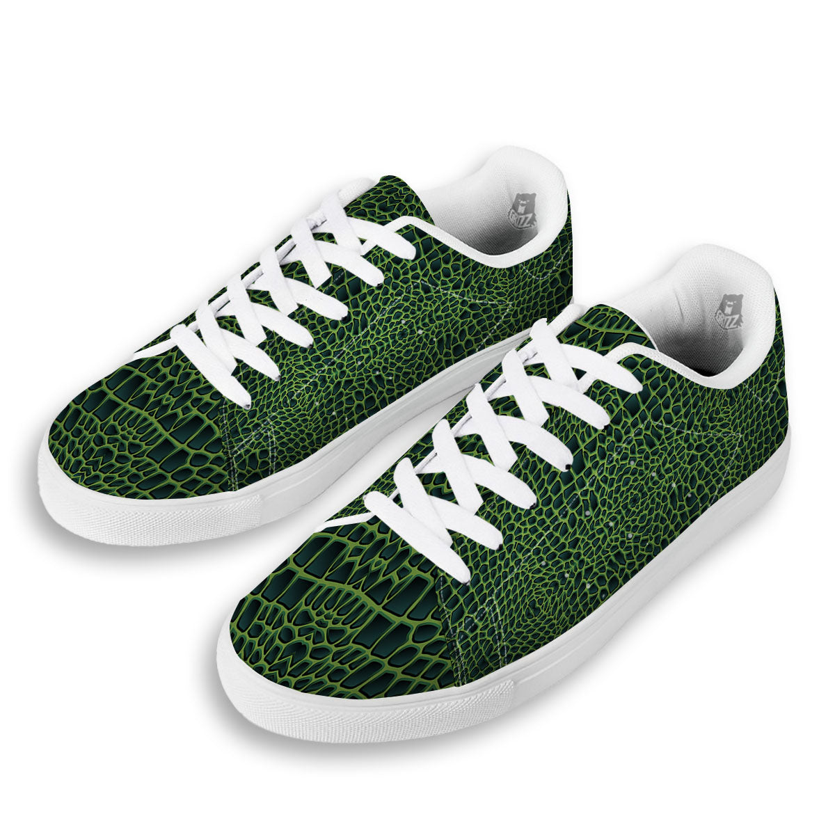 Green Crocodile Leather Skin Print White Low Top Sneakers-grizzshop