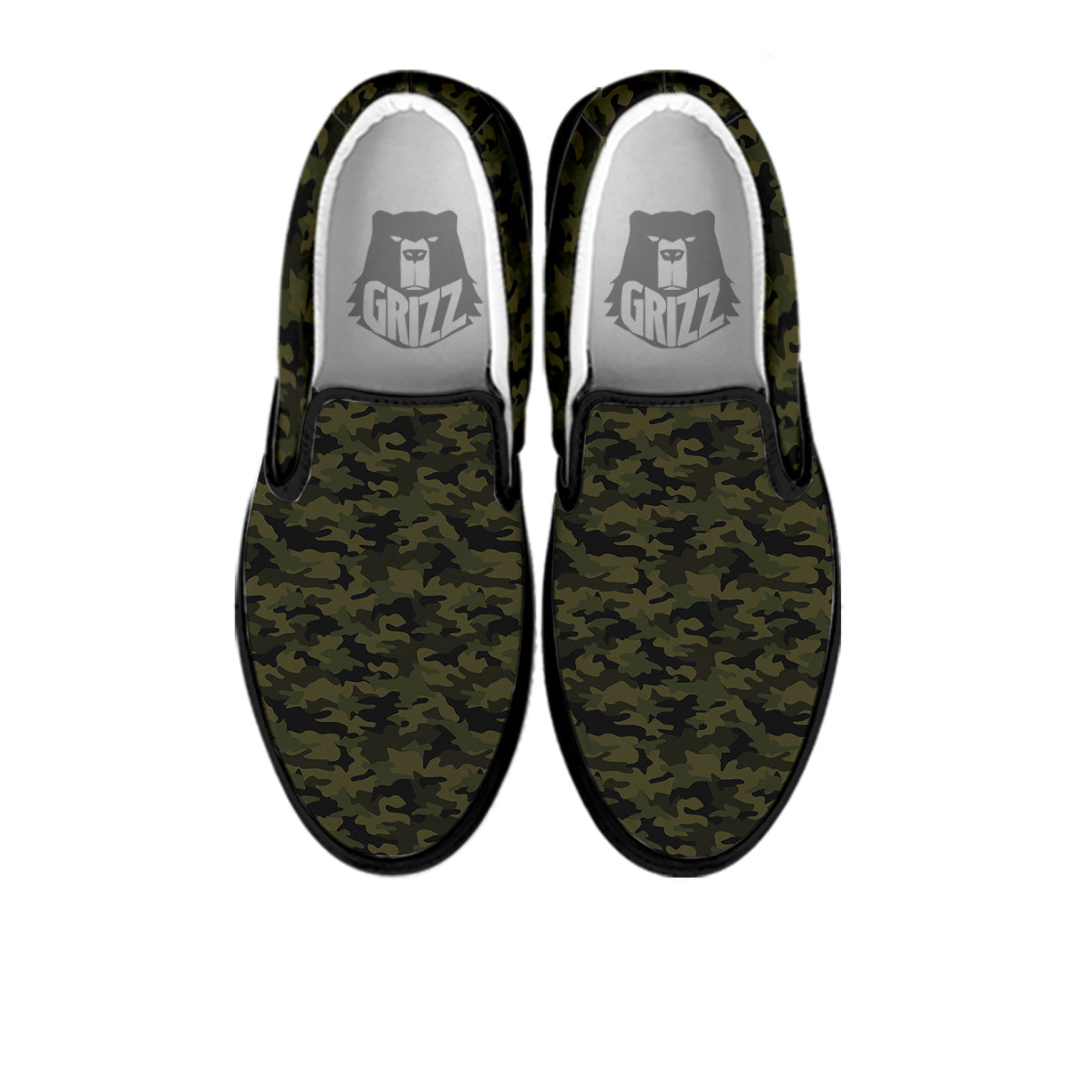 Green Dark And Black Camouflage Print Black Slip On Shoes-grizzshop