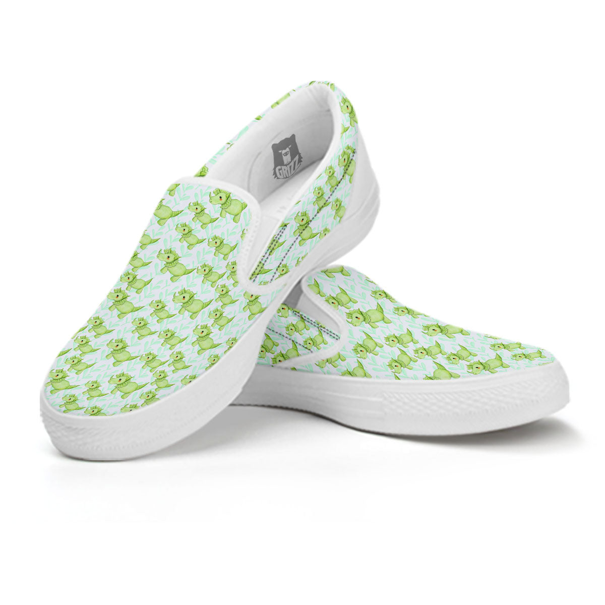 Green Dinosaur Little Print Pattern White Slip On Shoes-grizzshop