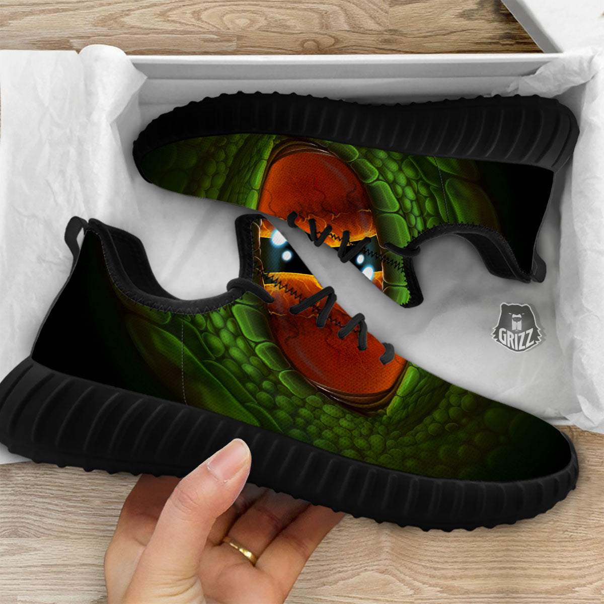 Green Dragon's Eye Print Black Walking Shoes-grizzshop