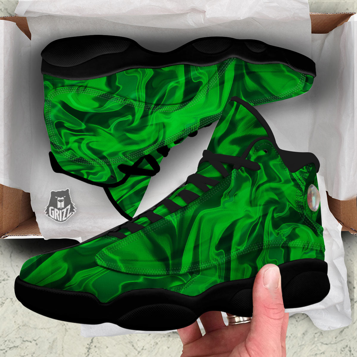 Green Energy Plasma Print Black Basketball Shoes-grizzshop